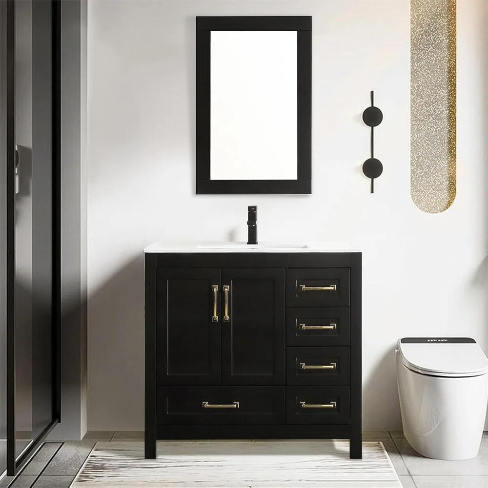 

36"Bathroom Vanities with Sink Combo,Modern Thickened Wood Bathroom Storage Cabinet w/Undermount Sink,Matte Black Faucet Drain
