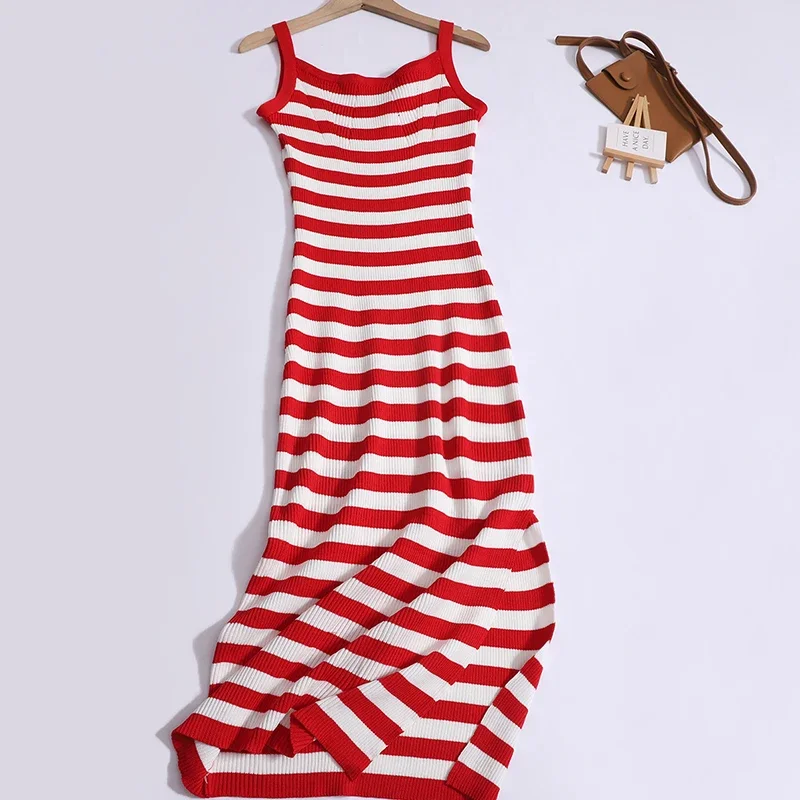 2024 New Summer Sexy Contrast Color Striped Clavicle Dress with Slip Tight Waist Slim Split Knitted Long Dress Women