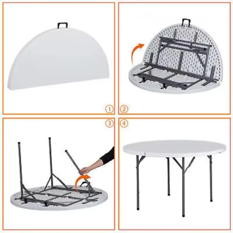 Modern Simple Metal Frame Round Blow Molded White Polyethylene Folding Table Outdoor Furniture