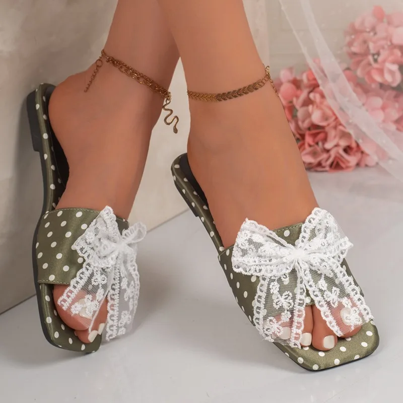 Olive Green Polka Dot Lace Bow 1CM Flat Slide Sandals Women Open Toe Slip on Summer Casual Elegant Comfortable Sandalias Mujer