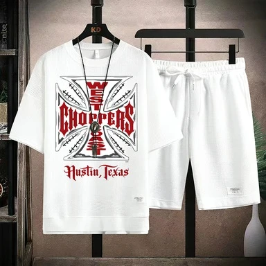 

Men's West Coast Choppers Austin Texas Graphic 2 Piece Outfit Waffle Knit T-shirt & Shorts Set Casual Biker Streetwear Tracksuit