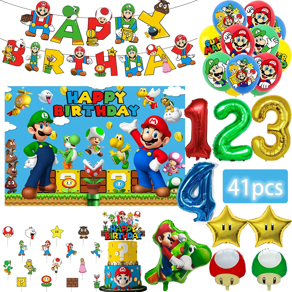 

41pcs Super Marios Bros Birthday Decoration Set Cartoon Foil Balloon 32in Number Balloon Children’s Birthday Gift Baby Shower