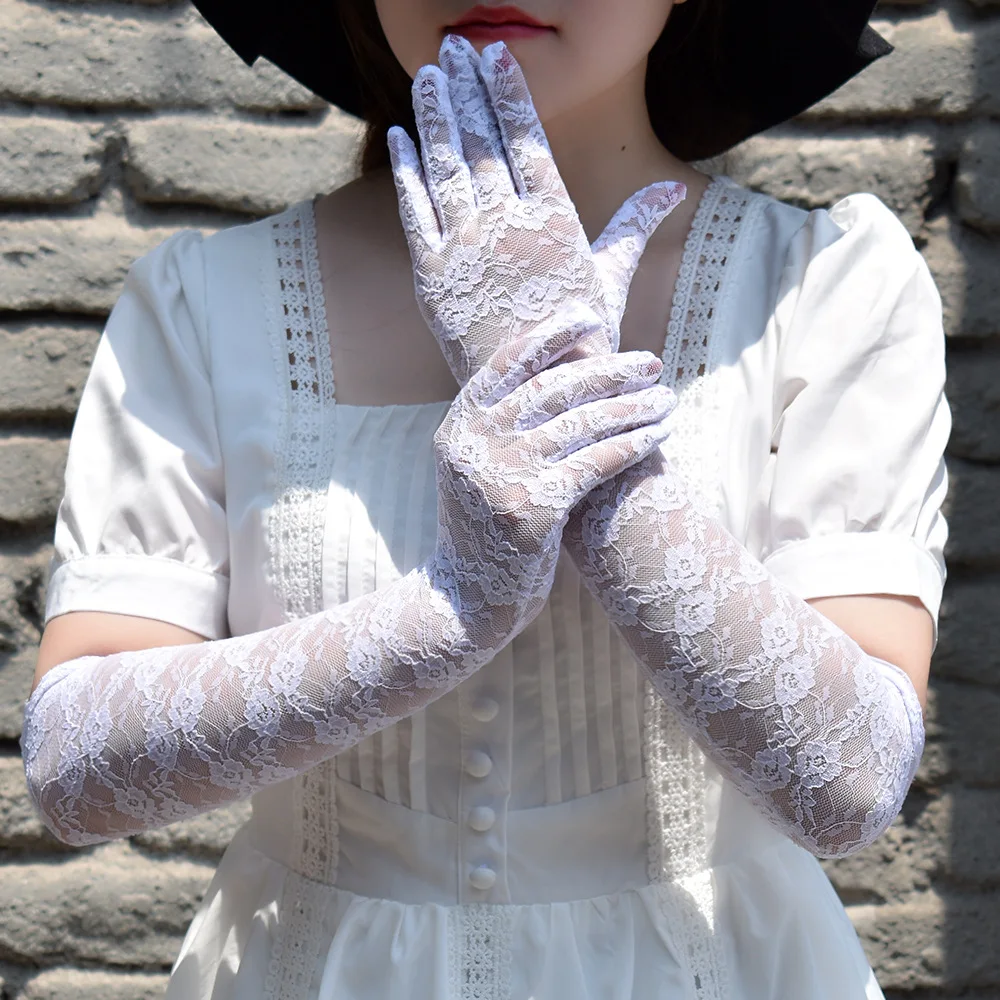 Women See Through Floral Lace Long Gloves Black White Red Sexy Elbow Length Mittens Party Evening Gloves Accessories