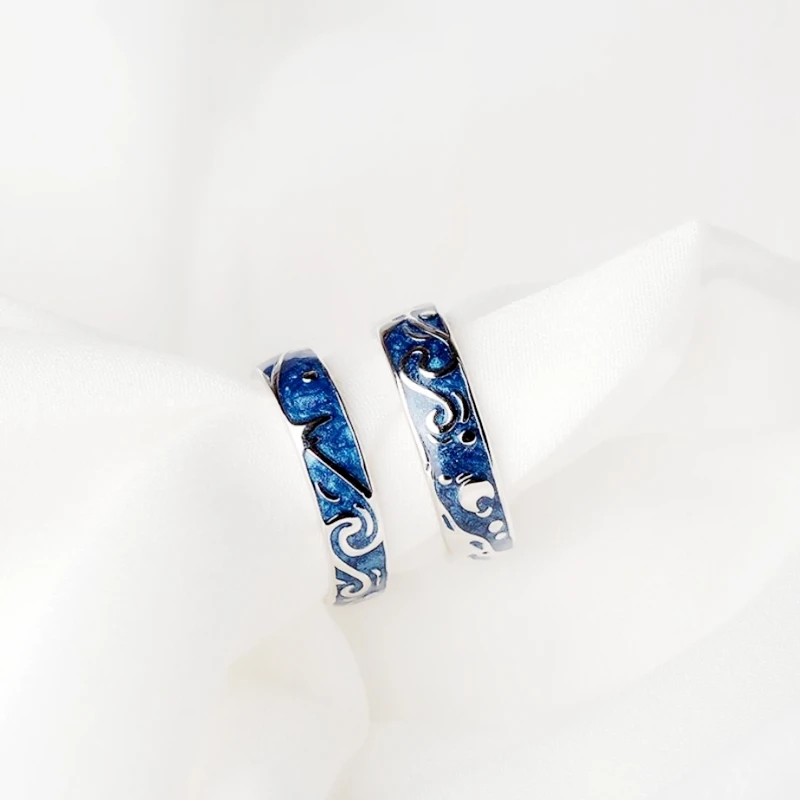 WYEAIIR 925 Sterling Silver Van Gogh Starry Sky Resizable Opening Couple Rings Blue Drop Glaze Sweet Romantic For Women Jewelry