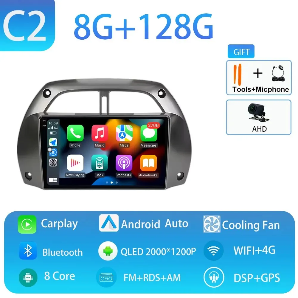 Android 15 voor Toyota RAV4 2001-2005 Draadloze CarPlay Autoradio Video Audio Multimedi Speler Auto BT WIFI 4G 2K QLED Geen 2 din
