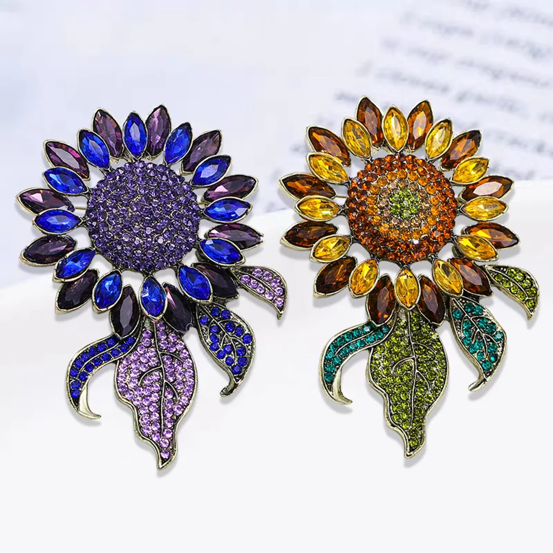 Vintage Exquisite Multicolor Zircon Sunflower Brooches For Women Fashion Crystal Pin Jewelry Party Office Suit Decor Unisex Gift