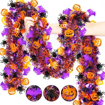 2m Halloween Tinsel Garland with Pumpkin Spider Bat Shiny Metallic Twist Garland for Home…