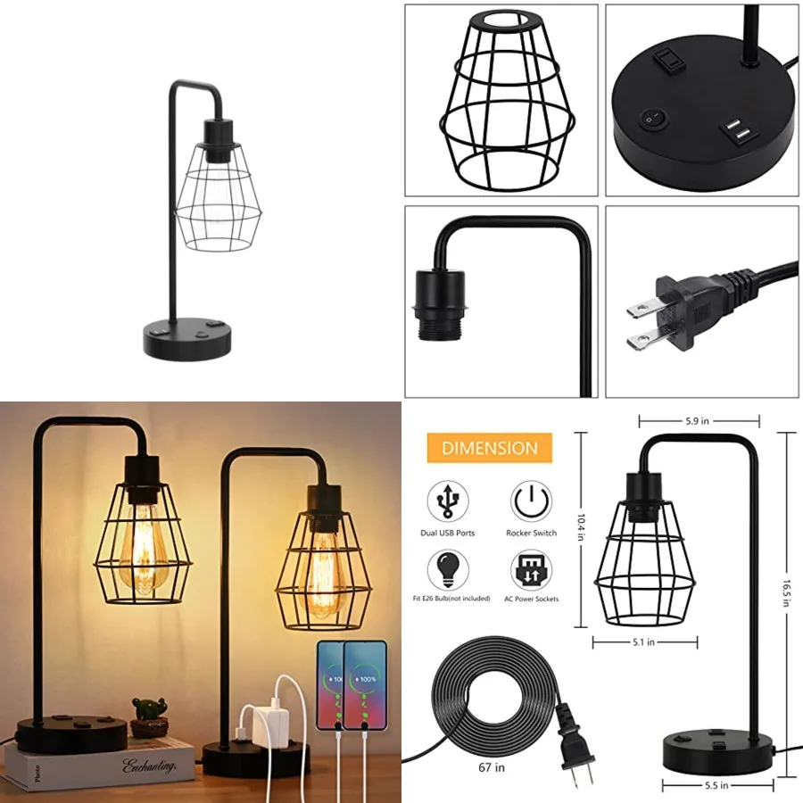 

BTY USB Edison Table Lamp Set of 2, Bedside Nightstand Desk Lamps with Dual USB Charging Ports and 2 Prong AC Outlet Metal Wire