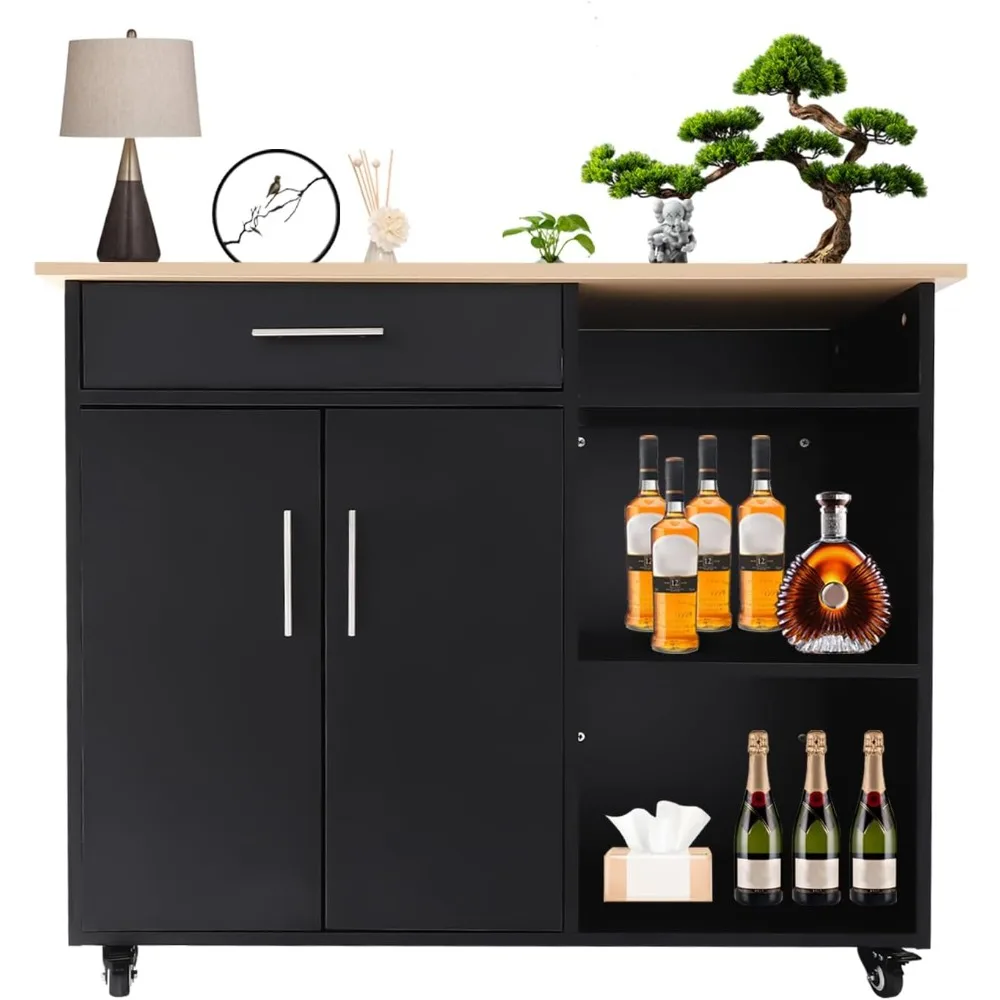 

Kitchen Island Cart with Storage Cabinet Rolling Kitchen Island Side Table with Worktop Rolling Trolley Cart with Drawer for Kit