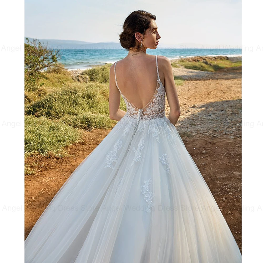ANGEL Customized Spaghetti Straps Lace Wedding Dresses For Women Civil Simple Bride Party Tulle Appliques Beach Bridal Gowns