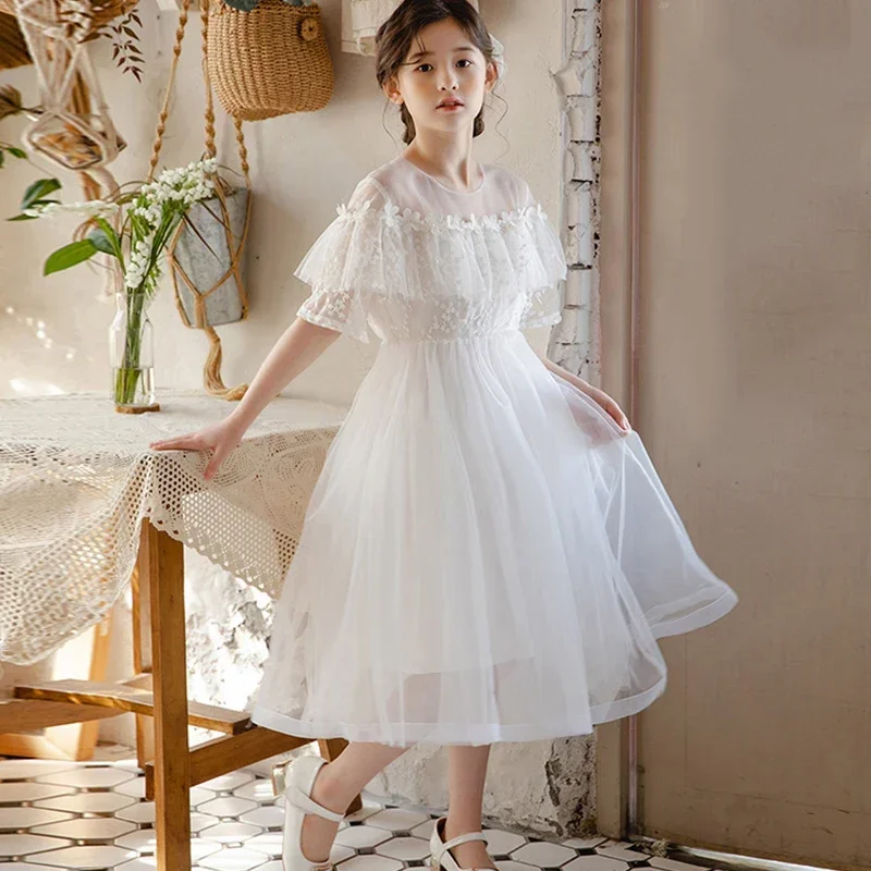 Girls Wedding Dress 2024 Summer New White Mesh Princess Dresses for Children 12 13 Years Short Sleeves Kids Birthday Party Dress