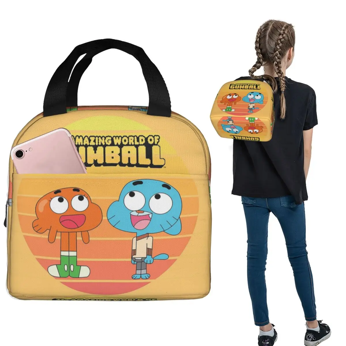 The Amazing World Of Gumball Cartoon Isolierte Lunchtasche für Damen und Kinder, tragbare Lebensmittelboxen, Thermo-Lunchbox-Tragetasche