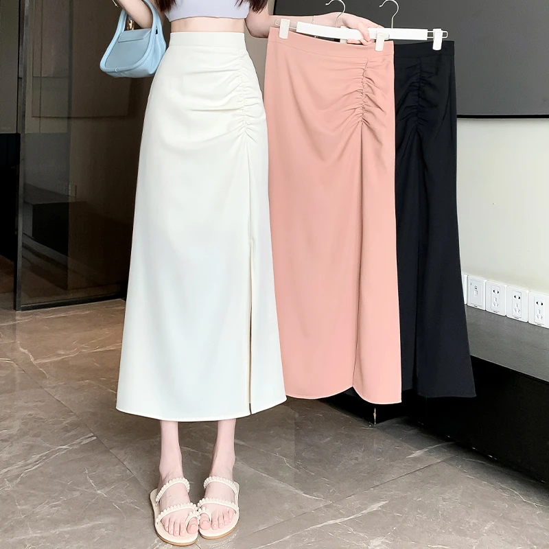 Seoulish-Jupe trapèze taille haute fendue en queue de poisson pour femme, tenue de bureau élégante et décontractée, couleur unie, nouvelle collection été 2024