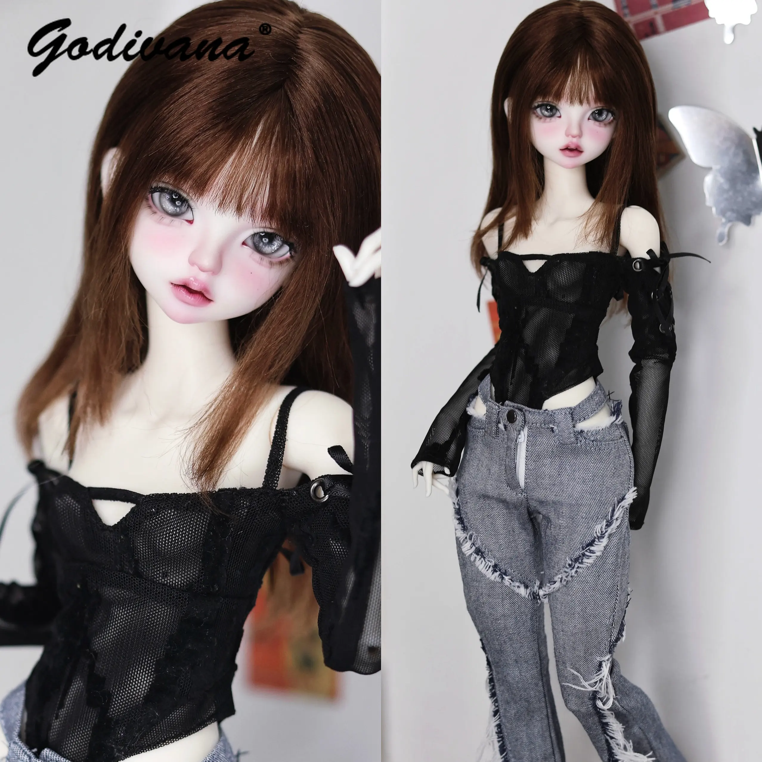 1/4 BJD Doll Outfit Off Coquette Shoulder Cami Top with Detachable Lace-up Sleeves Flare White Jeans Fashion Doll Clothes