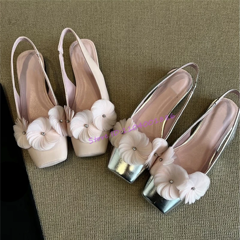 

Spring Summer New Flower Sandals White Square Toe Back Strap Shallow Round Heels Ballet Pumps Solid Comfortable Casual Shoes