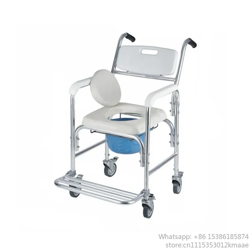 Vequyn Transfer wheelchair Aluminum 4-Wheel Foldable Commode Chair with Bucket, 150kg Capacity, Lightweight Portable Toilet for