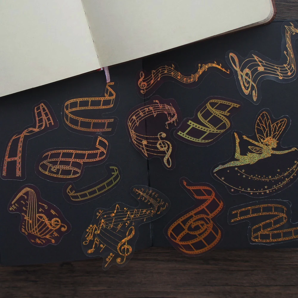 

44pcs Gold Lost Music Film From Cinema Style Laser Paper Sticker Scrapbooking DIY Gift Packing Label Gift Decoration Tag