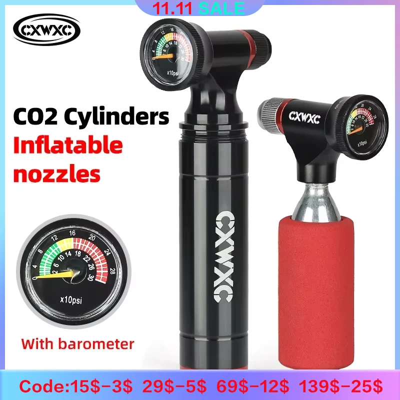 

CXWXC Mini Portable CO2 Cartridge Inflator With Clear Pressure Gauge MTB Road Bike Schrader Presta CNC Aluminum Alloy C02 Pump