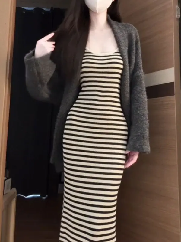 

Korean Gentle Sle Striped Knitted Cardigan Dr Two-Piece Set Spring Faion Casual Comfortable Long Sve High Waist