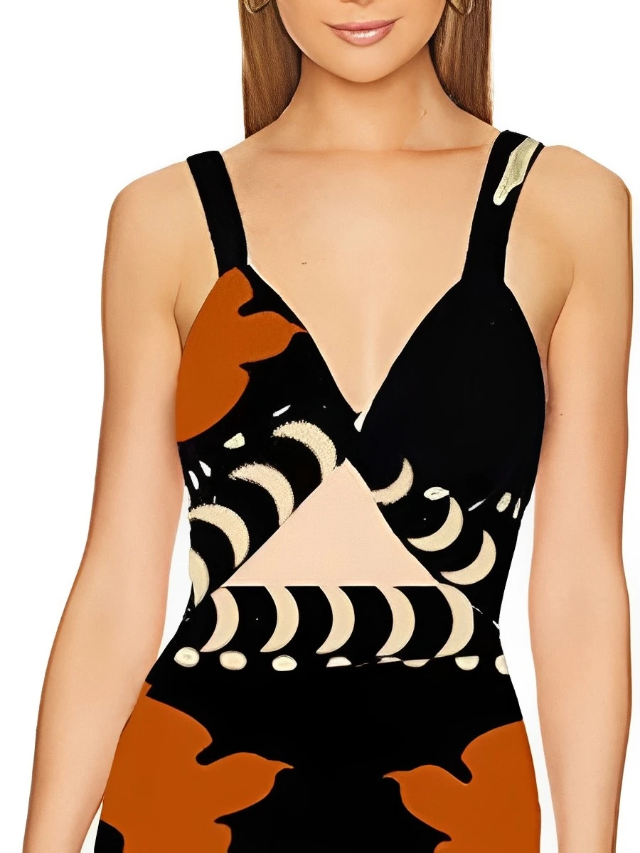 2024 Hollow Out Print Swimsuit Women One Piece V Neck Swimwear Female Beachwear Bathers Bathing Swimming Swim Suit