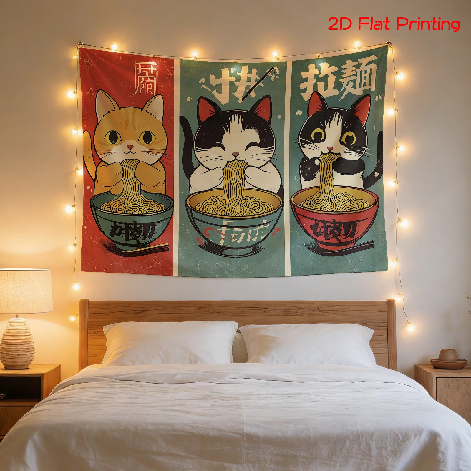Cute Cat Noodle Tapestry Wall Decor Funny Anime Ramen Art Chinese Pop Culture Wall Hanging for Kitchen Bedroom Living Room Gift