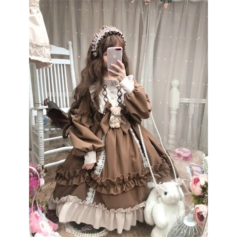 Lolita Jurk Vrouwen Kawaii Strik Beer Kant Blauwe Jurk Lange Mouw Prinses Jurk Halloween Kostuum Cadeau Voor Meisjes Nieuw