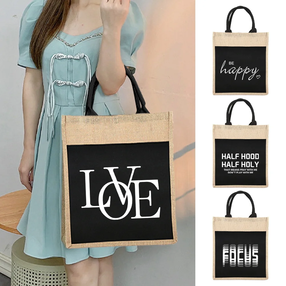 

Vintage Jute Bag Reusable Shopping Bag Lightweight Beach Handbags Shopper Text Pattern High Capacity Top Handle Grocery Bags