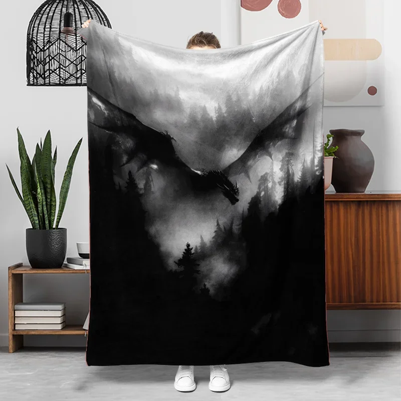 Moody Forest Landscape Throw Blanket Black and White Mountain Mist Cozy Home Decor Gift