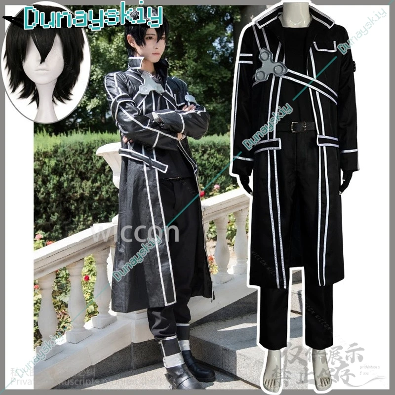 

Anime Game Sword Art Online Cosplay Kirigaya Kazuto Costume SAO Wig Black Long Coat Uniform AdultHalloween Cos Suit Customized