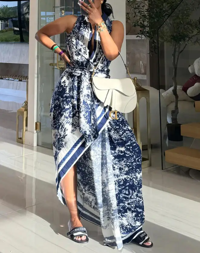 Vintage Ink Wash Printed Turtleneck Sleeveless Off-Shoulder Front Slit Long Dress with Belt