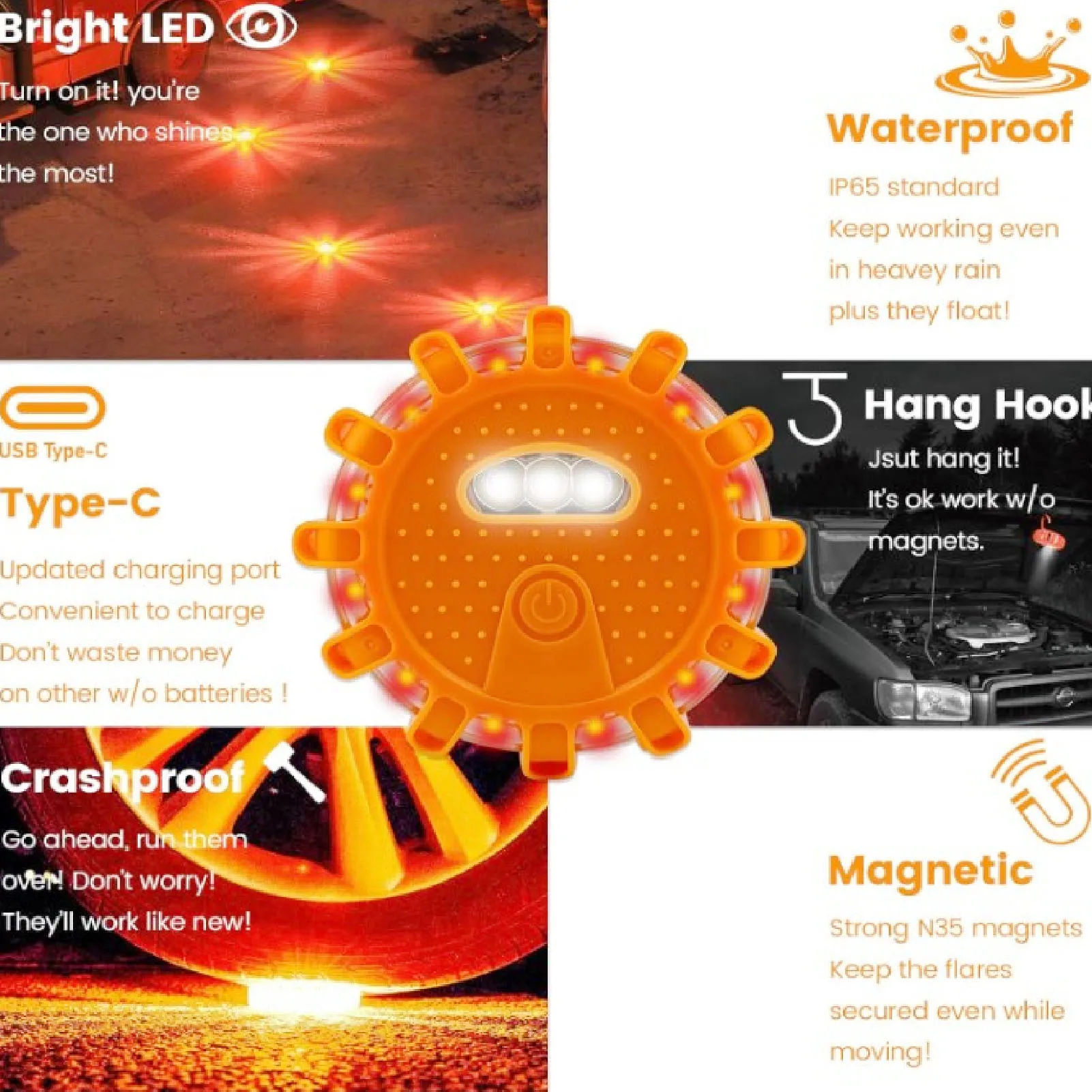 ZK50 3PCS LED ROAD ROAD Emergency Light T-C Rechargeable Curbside Warning Flash Flash with magnet base, Car Truck RV Boat