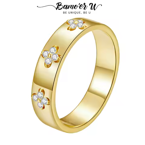 Bamoer U Four-Leaf Clover Moissanite Ring 925 Sterling Silver Unique Four-Leaf Design Certified Ring Women Fine Jewelry VVS1