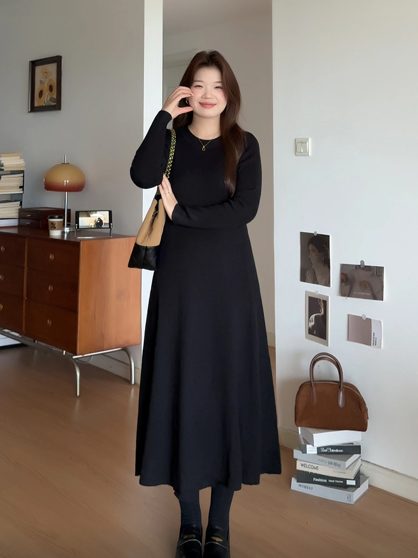 

Вязаное платье А-силуэта больших размеров, утягивающее, для ношения под одеждой, осенне-зимнее, женское, модное, с высокой талией, с длинным рукавом