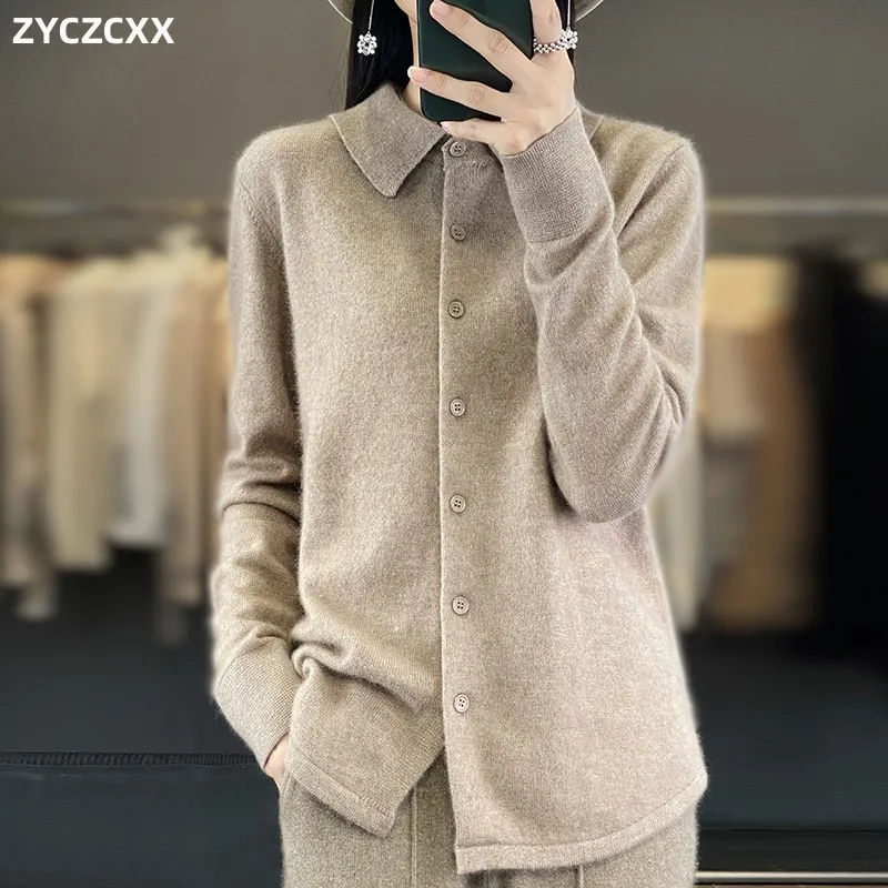 100% Mink Cashmere POLO Collar Women's Sweater Cardigan Solid Color Thick warm Cardigan Sweater For Women 2023 Autumn/Winter New