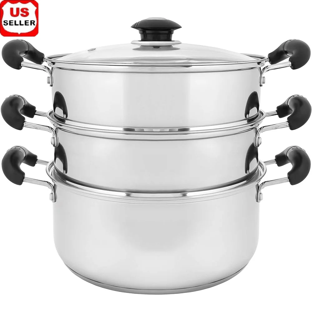 

10-дюймовая 3-х уровневая кастрюля для пароварки из нержавеющей стали, посуда, индукционная совместимая вентилируемая стеклянная крышка, очень широкие ручки, можно мыть в посудомоечной машине