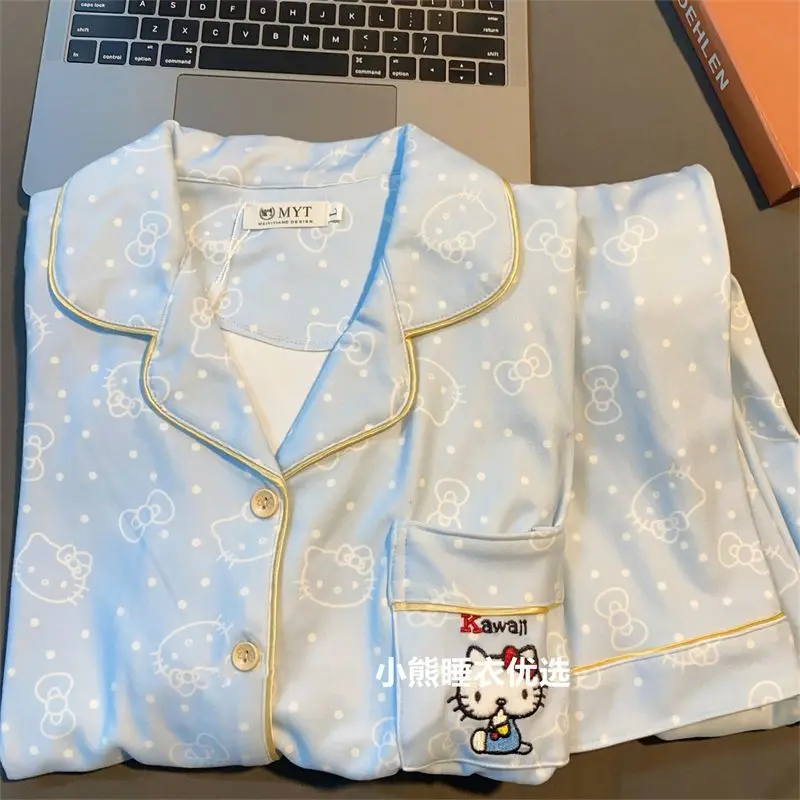 Fille ensemble de vêtements de détente microvilli bonjour kitty kawaii dessin animé étudiant décontracté automne hiver revers cardigan vêtements de maison pyjamas nouveau chaud