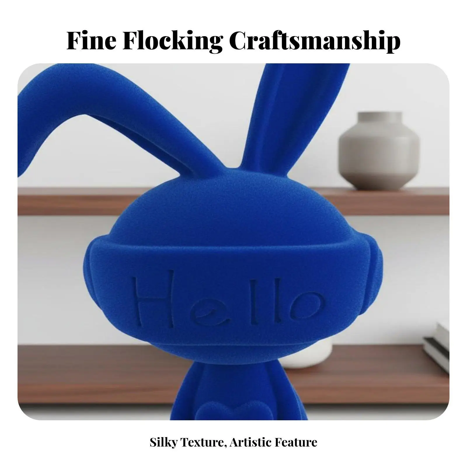 Charming Sitting Hare Figurine Flocked Resin Rabbit Statue with Single Bent Ear Hello Motif for Contemporary Living Room Decor