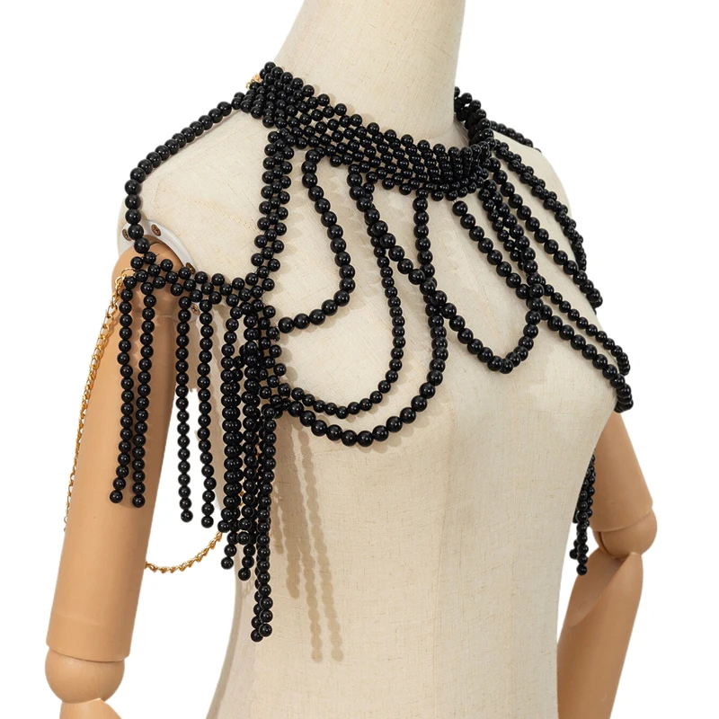 Perlenbesetzte Damen-Halskette, mehrlagige Quasten-Körperkette, Vintage-Exotik-Hochzeitsparty Y2K Crop Top, atmungsaktiv, Oversize – Detail 5