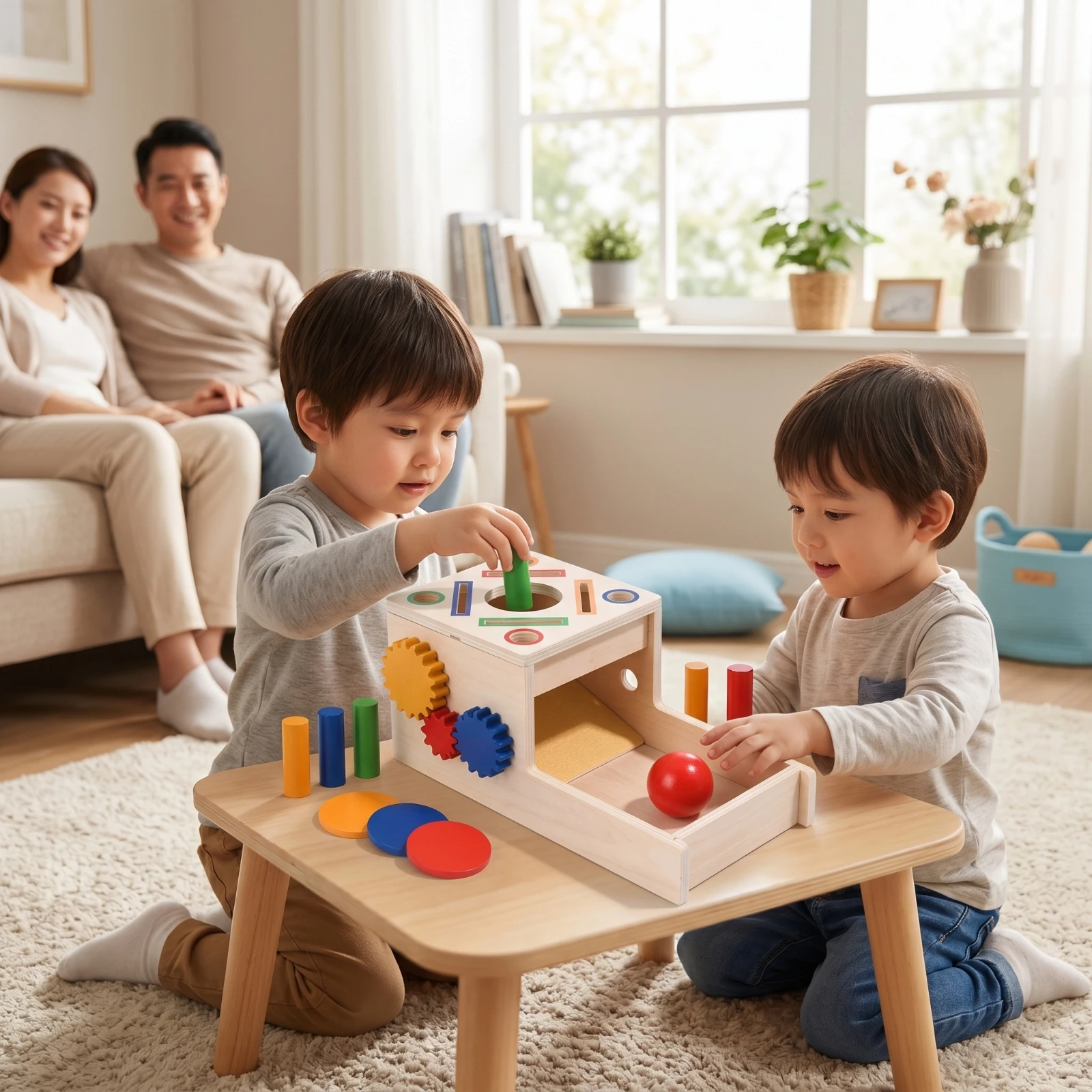 Wooden Token Box Toy Developmental Shape Matching Box with Gears Sensory Toy Multi-Functional Early Learning for Toddlers