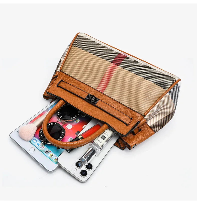 New Retro Plaid Patchwork Handbag Bag for Women Large Capacity Canvas with Microfiber Leather Ladies Bag Handbags Factory 29 cm