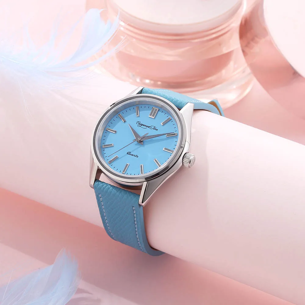 35MM Simple Fashion Ladies Quartz Watch Japan VH31 Sweep Second Movement Waterproof Stainless Steel Sapphire Glass Leather Strap