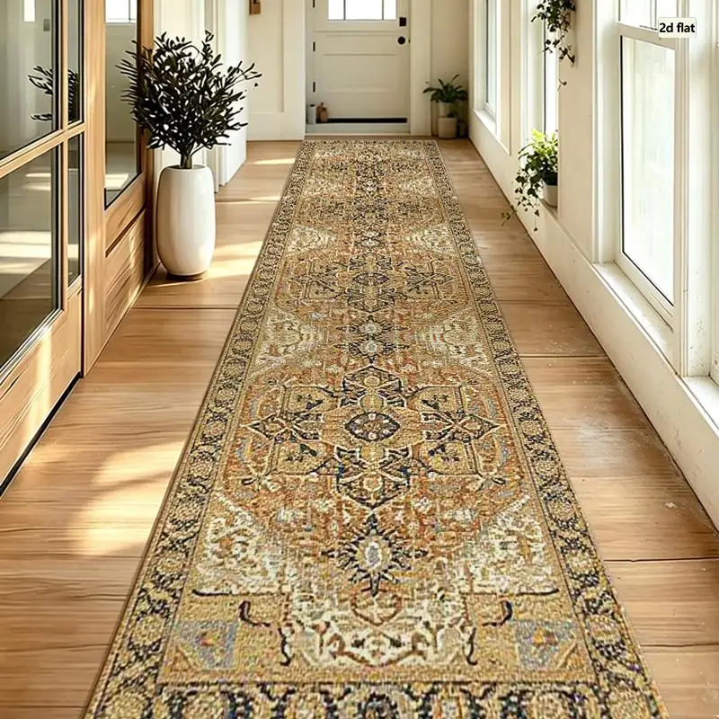Persian Retro Gold Runner Rug Traditional Oriental Floral Pattern Washable Long Corridor Rug Hallway Entryway Kitchen Floor Mat