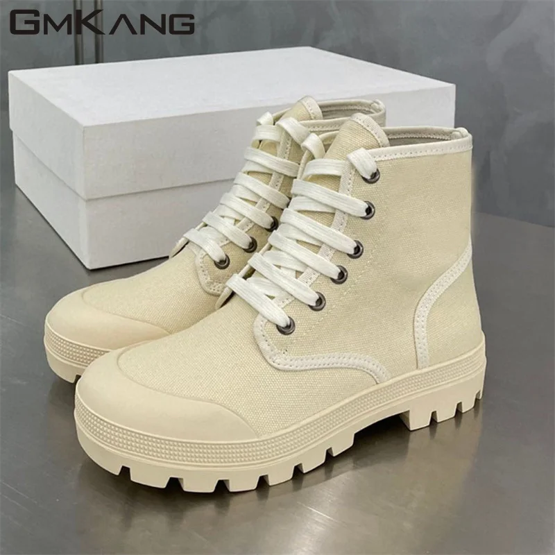 Thick Sole Short Boots Woman Canvas Boots Female Lace Up Round Toe Flat Motorcycle Boots Women High Top Sneakers Women