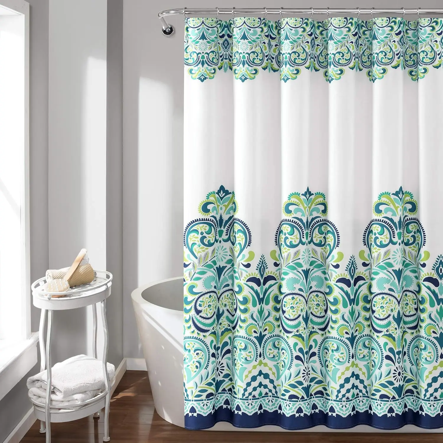 

, Blue and Green Clara Shower Curtain-Fabric Colorful Boho Paisley Damask Print Design, x 72