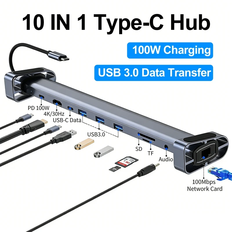 

10 in1 Docking Station Type-C USB Hub 3.0Data Transfer 4K HDTV 100Mbps Network USB-C Card Reader PD100W Charge Laptop Stand Base