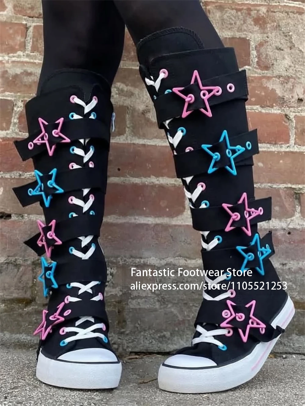 

Black Canvas Knee High Boots Multicolor Star Buckle Straps Knee Boots Cute Kawaii Style Handmade Footwear for Women Customized