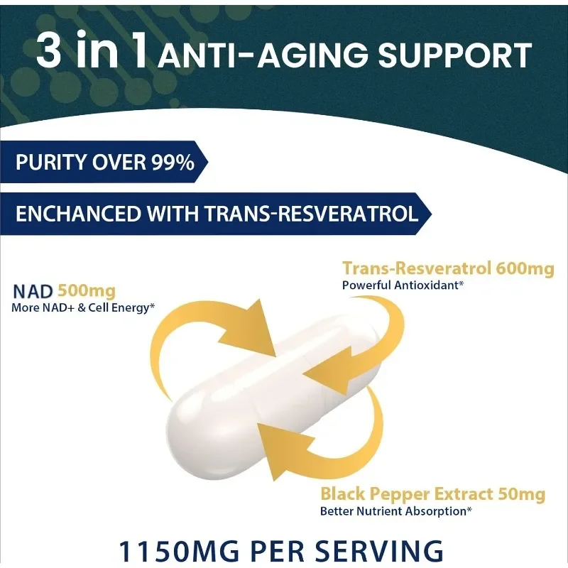 NAD 500mg+trans Resveratrol 600mg Antioxidant Cells, Energy, Skin, Anti-aging Health Support -60 Capsules