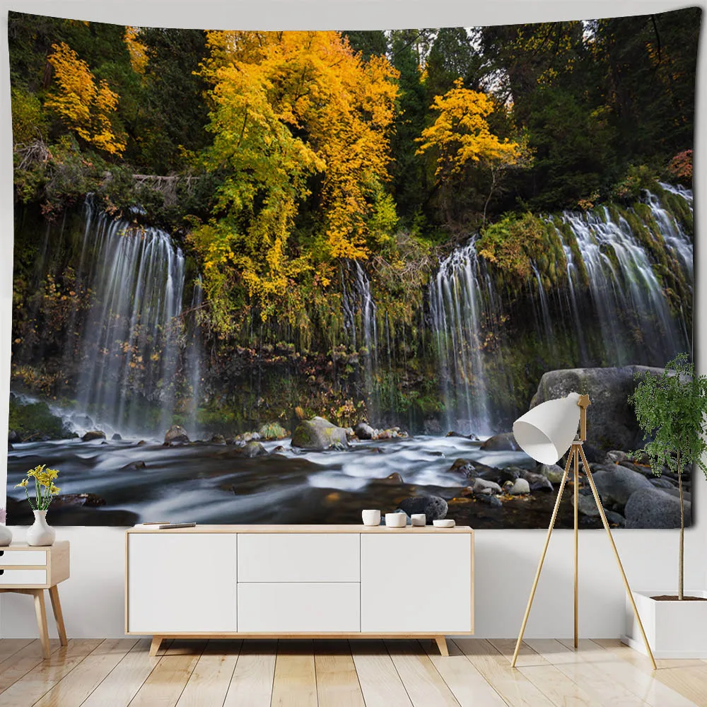 Forest Waterfall Tapestry Natural Landscape Mural Living Room Bedroom Hippie Art Decoration Bohemian Home Background Cloth