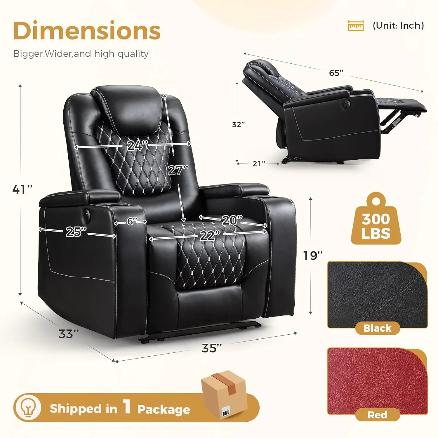 Overstuffed Electric Recliner Chair with USB, Cup Holders & Hidden Arm Storage, PU Leather Theater Seating, Easy Clean, Customiz