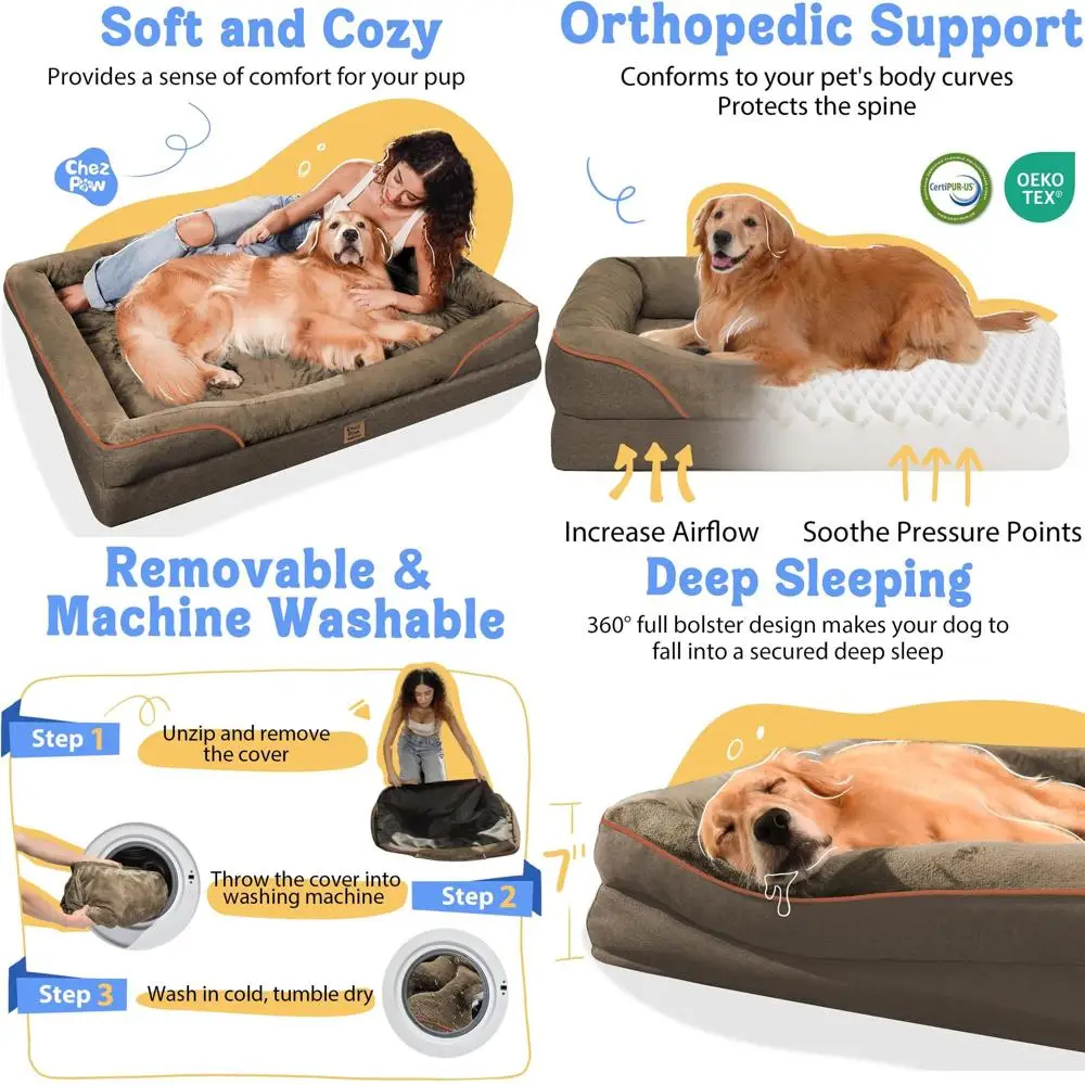 

Ортопедическая лежанка для собак очень большого размера со съемной подушкой-валиком, моющимся чехлом и нескользящим основанием